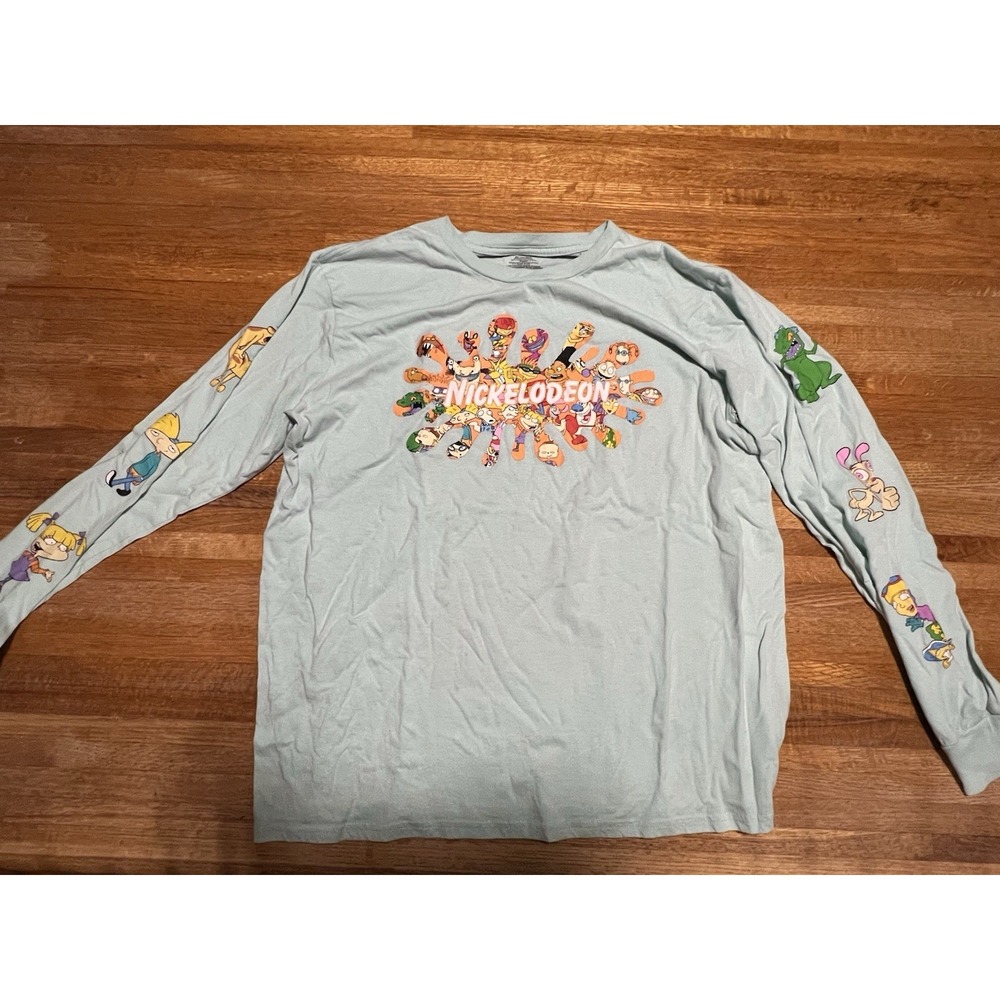 Nickelodeon Adult XL Aqua Blue Graphic 90s Rugrats CatDog Hey Arnold Long Sleeve